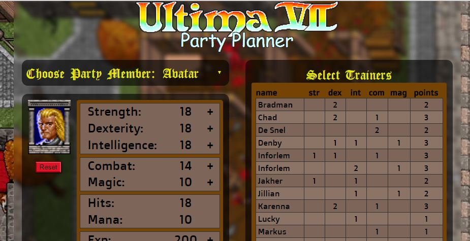 Ultima VII Party Planner screenshot